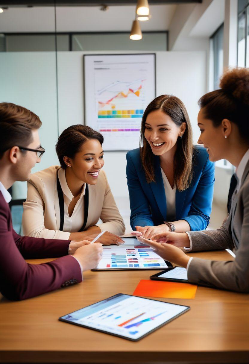A diverse team of professionals collaborating around a table, showcasing various strategies on a digital tablet, with elements indicating customer feedback and satisfaction graphs. The background features a warm and inviting office atmosphere to convey a sense of connection. Visual metaphors like arrows pointing upward and smiling customer faces enhance the theme of excellence in client relations. super-realistic. vibrant colors. warm tones.