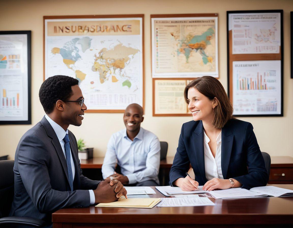 A serene office scene with an insurance agent and a client engaged in a friendly conversation, showcasing trust and transparency. The background features motivational posters about communication and teamwork. Soft lighting highlights their expressions, conveying understanding and warmth. Include diverse individuals and visual elements like charts or graphs representing growth and security. super-realistic. warm tones. soft focus.