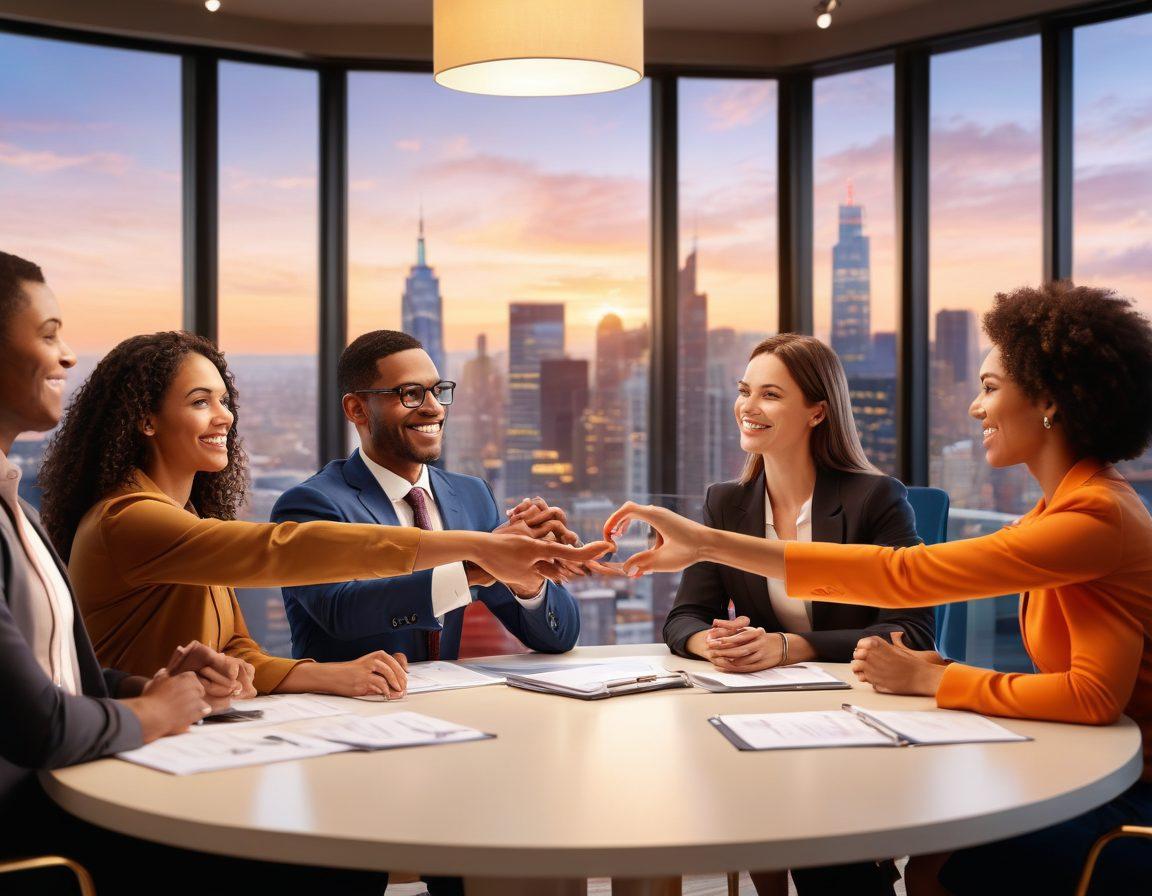 A warm, inviting office space with an agent enthusiastically engaging with a diverse group of clients. Visual elements like hands shaking, a heart symbol subtly incorporated into the design, and documents representing insurance services spread around. Soft lighting to create a welcoming atmosphere, with a background showing a city skyline symbolizing growth and trust. Illustrate the importance of connection and communication. super-realistic. vibrant colors. soft focus.